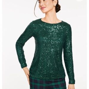 NEW Talbots Green Sequin Crewneck Tee Long Sleeve Top